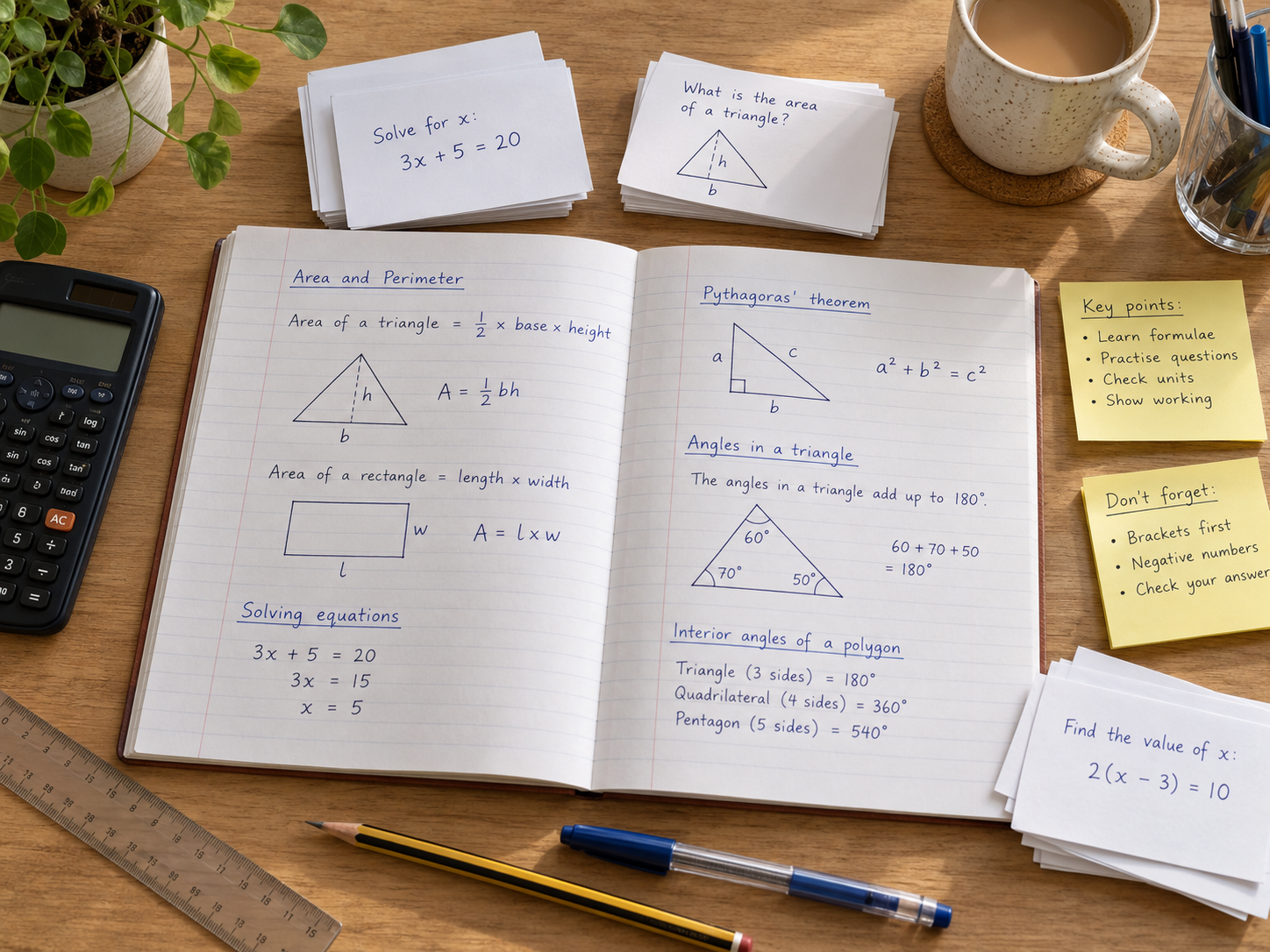 Realistic revision desk with maths flashcards, yellow sticky notes and an open exercise book containing handwritten revision notes.